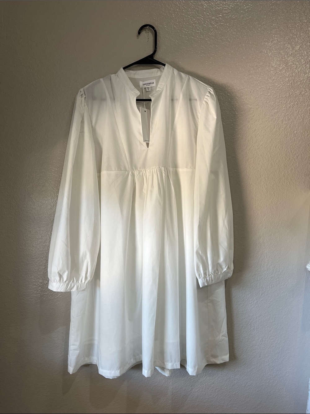 ANNIEWEAR White Long Sleeve Empire V Neck Babydoll Dress Sz XL Lightweight Chic